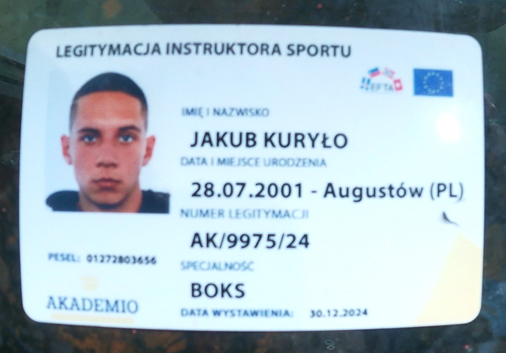 Legitymacja instruktora sportu — boks, Jakub Kuryło